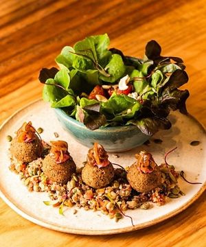 Quinoa tabbouleh salad with falafel at Mercado Vida Saudável in Fortaleza