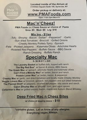 Menu  at PMA Foods in Syracuse