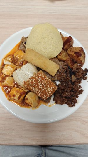 Rollitos vegetales,tofu con salsa ,soja tipo carne picada,oblea de arroz at Su Vegan Buffet in West London