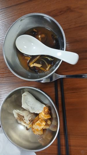 Soup, wontons, mapo tofu. Particularly liked the tofu. at Su Vegan Buffet in West London