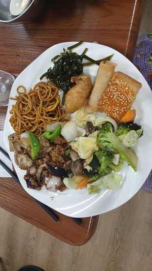 First plate. "Prawn" toast too greasy for me (but husband liked it). Loved everything else. at Su Vegan Buffet in West London
