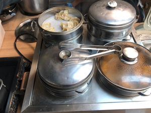 The dumplings, 4 different types. at Su Vegan Buffet in West London