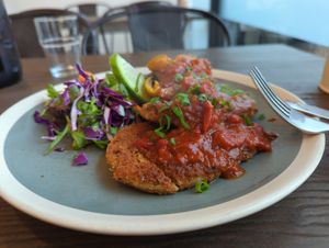 Vegan Schnitzel at Bizzy Beans Cafe in Cremorne