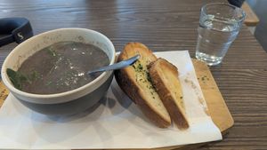 Mushroom and spinach soup, with nuttlex bread at Bizzy Beans Cafe in Cremorne