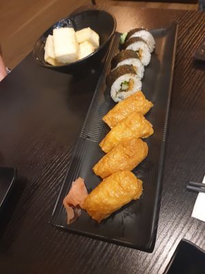 Inari & vegan sushi (say tofu & veg no mayo) & agedashi tofu (say no bonito flakes or fish broth just tofu) at OKAMI in Hampton