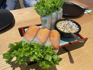 'BBQ Pork' Rolls and Spring Rolls with sesame dipping sauce at Green Lotus in San Jose