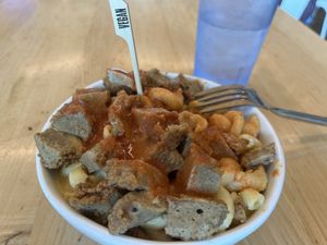 Mac and cheeze wiith mystery meet and buffalo sauce  at MESS Waffles in College Station