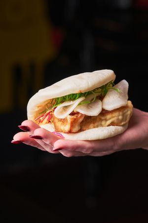 Crispy eggplan bao + dragon sauce + pickled radish - the perfect pre-show bar snack. at Double Rainbow Bar & Eating House in Perth