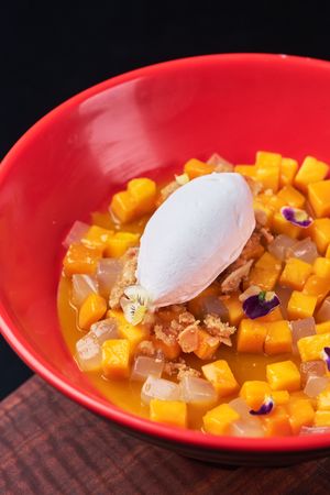 Mango panna cotta topped with coconut sorbet + coconut jelly. at Double Rainbow Bar & Eating House in Perth