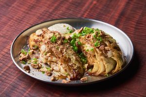 Our Roasted Cabbage is back - topped with almond cream + sweet potato purée. at Double Rainbow Bar & Eating House in Perth