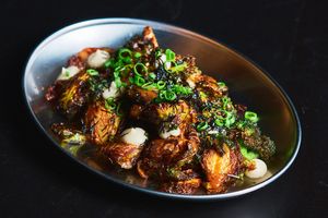 Our famous crispy brussel sprouts, tossed in maple and served with cauliflower cream. at Double Rainbow Bar & Eating House in Perth