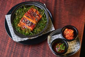 BBQ Glazed tofu + caramelised clay pot rice + shiitake XO + spring onion. at Double Rainbow Bar & Eating House in Perth