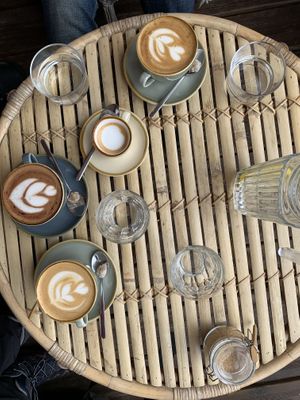 A selection of coffees and a mocha with plant based mylks   at Yonder in Les Deux Alpes