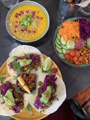 Tacos, red lentil soup, Buddha bowl    at Yonder in Les Deux Alpes