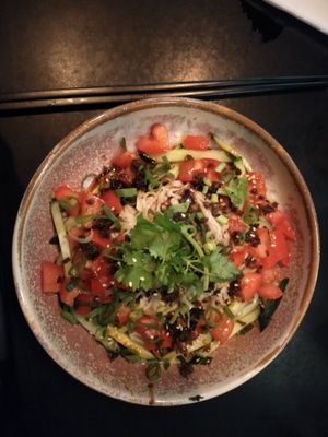 Veg*n dan dan noodles - came with cucumber, tomato, enoki, and pickled mustard leaves as the veggies at Munchy Monk in Northbridge