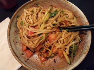 Veg*n dan dan after mixing - soaks up the sauce nicely! Extremely spicy has a fair kick to it! at Munchy Monk in Northbridge