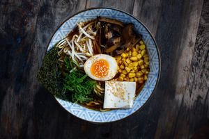 Vegetarian ramen with tofu, corn, pickled shiitake, green onion & bean sprouts at Hai Hai in Brisbane