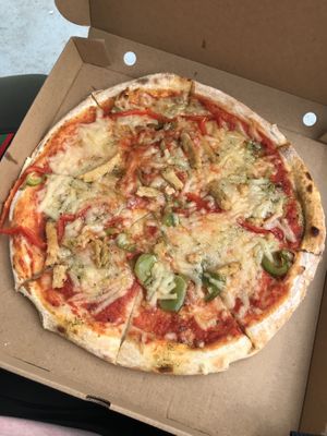 Greasy „Heura“ pizza (with almost no Heura) at Sibarita's in Santander