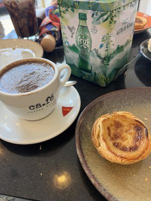 Vegan pastel de nata and soy hot cocoa   at Ca.fé Coffee House in Lisbon