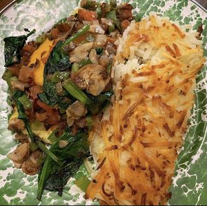just egg omelette with mushrooms, spinach, peppers, tomato and vegan cheese   at ROOST in York