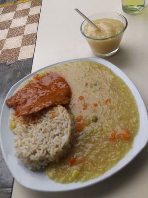 Quinoa, whole grain rice and soy meat with Adobo sauce at Casa Vegetariana Luz y Salud in Lima