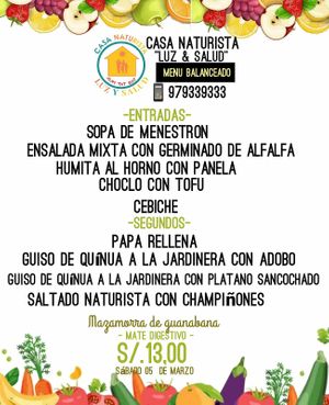 Menu of the day at Casa Vegetariana Luz y Salud in Lima