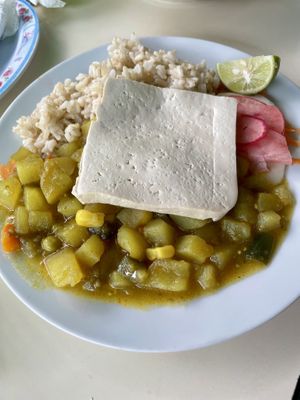 Vegetables, rice, tofu  at Casa Vegetariana Luz y Salud in Lima