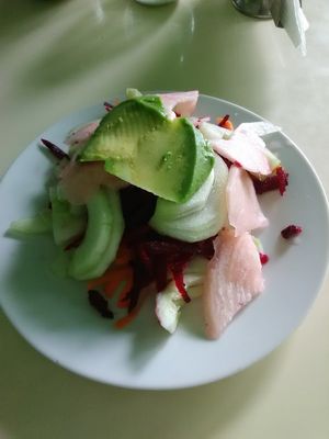 Salad included with the meal of the day at Casa Vegetariana Luz y Salud in Lima