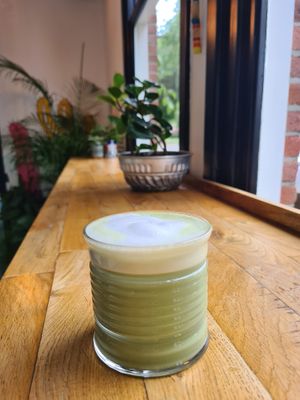my absolute favourite: matcha made with oat milk and a view of people cycling by at Vegane Glorie in The Hague