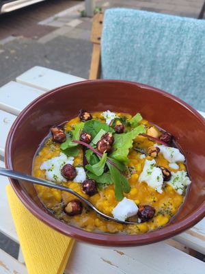 Pumpkin risotto with vegan feta and haselnuts at Vegane Glorie in The Hague