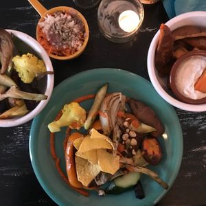 Delicious platter of veggies and filled paprika  at Vegane Glorie in The Hague