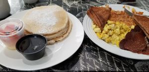 Vegan pancakes, bakon, tofu scramble, hashbrowns, whole wheat toast at Across Broadway Cafe in Hewlett