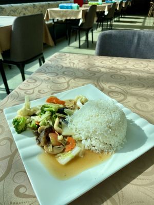 Veggies and ricee  at Living Seed 翠园素食馆 in Kota Kinabalu