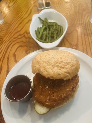 “Chicken” sandwich- they were out of vegan waffles. And the green beans cooked in olive oil were so good!  at The Rarebit in Charleston