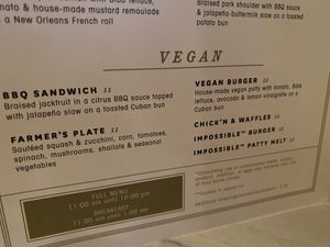Vegan menu at The Rarebit in Charleston