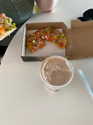 Vegan sausage pizza and shake! at SFO - Amy's Drive Thru - T1 in South San Francisco