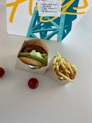 Vegan single burger and fries at SFO - Amy's Drive Thru - T1 in South San Francisco