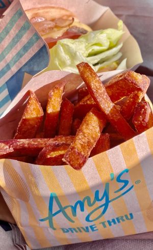 Sweet potato fries with a vegan gluten free burger  #Veganuary at SFO - Amy's Drive Thru - T1 in South San Francisco