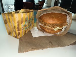 Crispy chick’n sandwich with chipotle ranch and fries! Thank you !  at SFO - Amy's Drive Thru - T1 in South San Francisco