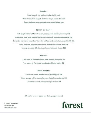 Menu October 2023 at Forest in Auckland