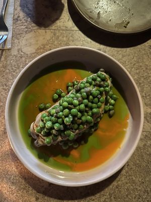 Sweet potato with marmite cream, peas and bell pepper rosemary oil 👍🏼  at Forest in Auckland