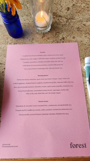 Menu (Changes regularly so use as a guide) at Forest in Auckland