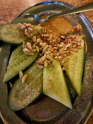 Yuzu lemon pepper cucumbers, garlic pine nut dip  at Forest in Auckland