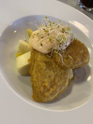 Daily vegan option: Chick pea patties with chili mayonnaise, potatoes and parsnip  at Härmän Rati in Jaervenpaeae