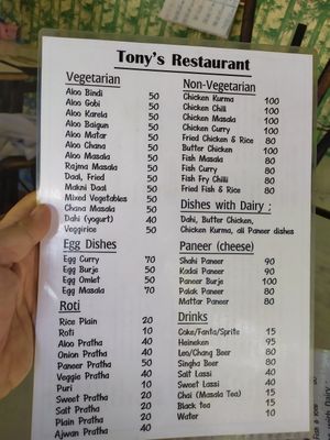 Extensive menu at Tony's in Bangkok