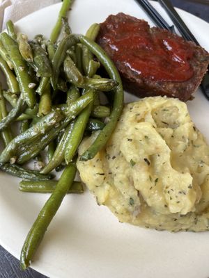 So good! Impossible Meatloaf with Mashed Potatoes and Green Beans  at Sassagoula Floatworks and Food Factory in Orlando