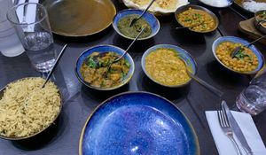 [from left-to-right] Pilau rice, baigen aloo, tarka dahl & lahori chanay x2  - all vegan & gf! (saag aloo in top middle is vegetarian only)  at Roti of Edinburgh in Edinburgh