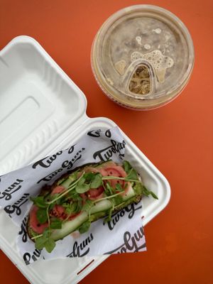 Vegan Avocado Toast and Iced Flat White  at Two Guns in Manhattan Beach
