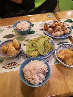 Scallion pancake, rice, radish cake and 2 others appetizers. Everything cost 155NTD at ZìRán Fēng Shū Huó Fāng 自然楓蔬活坊 - Maple Root in New Taipei City