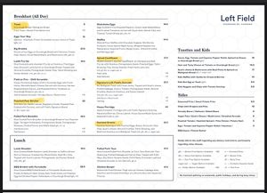 Menu as of June 2024  at Left Field in Carnegie